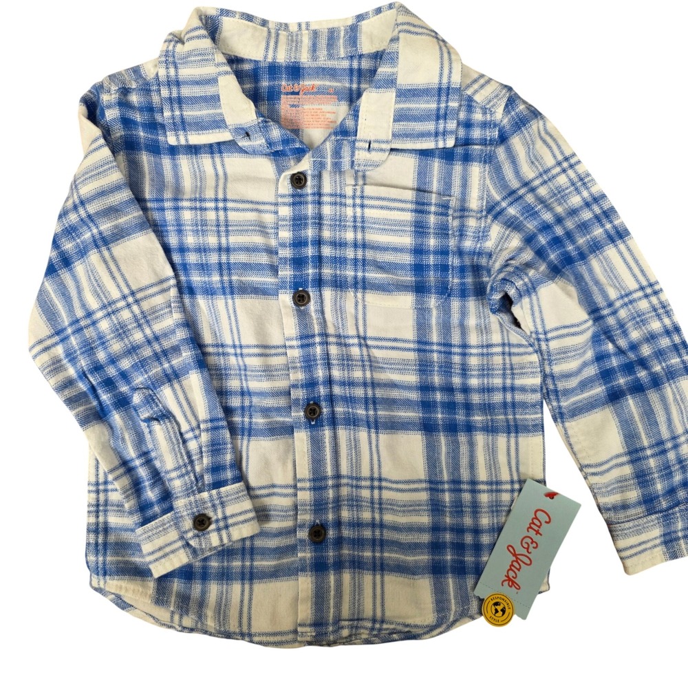 Cat & Jack Toddler Boys Blue White Plaid Flannel Button Down Shirt 4T NWT